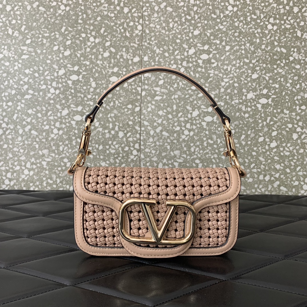 Valentino Garavani Loco Small Shoulder Bag in Nude Pink Metallic Woven Leather